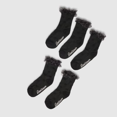 Girls Black Pack Of 5 Ankle Socks