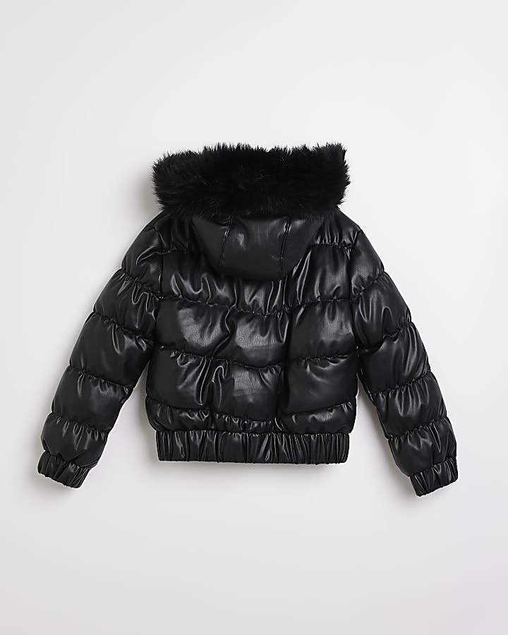Girls Black Padded faux leather Bomber jacket