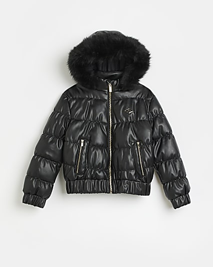 Girls Black Padded faux leather Bomber jacket