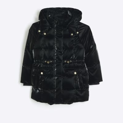 Girls black padded high shine coat River Island