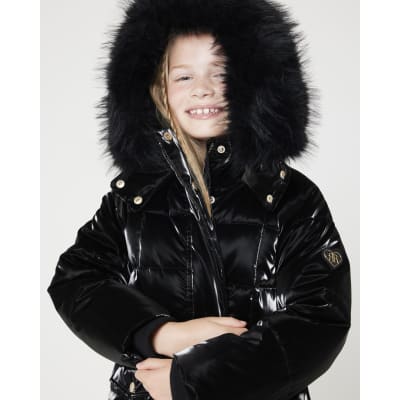 Girls black padded high shine coat River Island