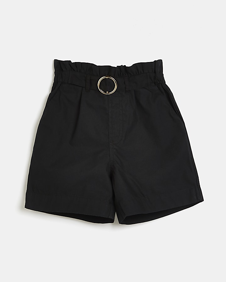 Girls black paperbag belted shorts