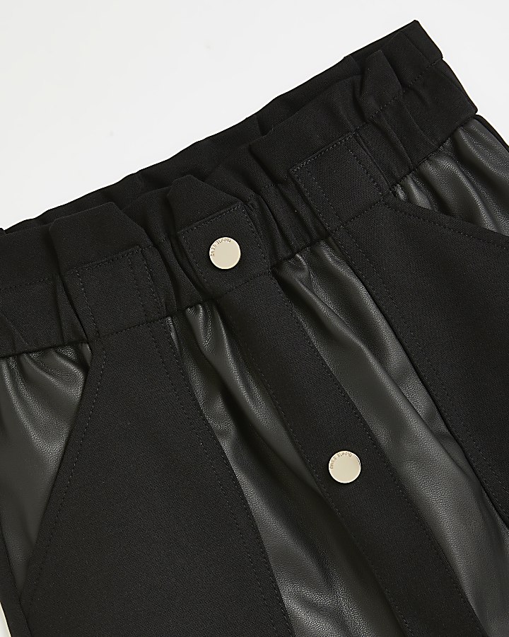 Girls Black Paperbag Faux Leather Skirt
