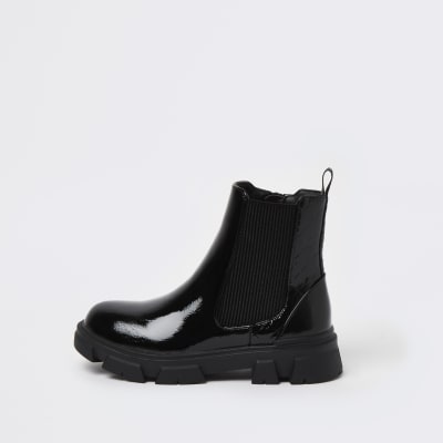 Girls Black Patent Chelsea Boots