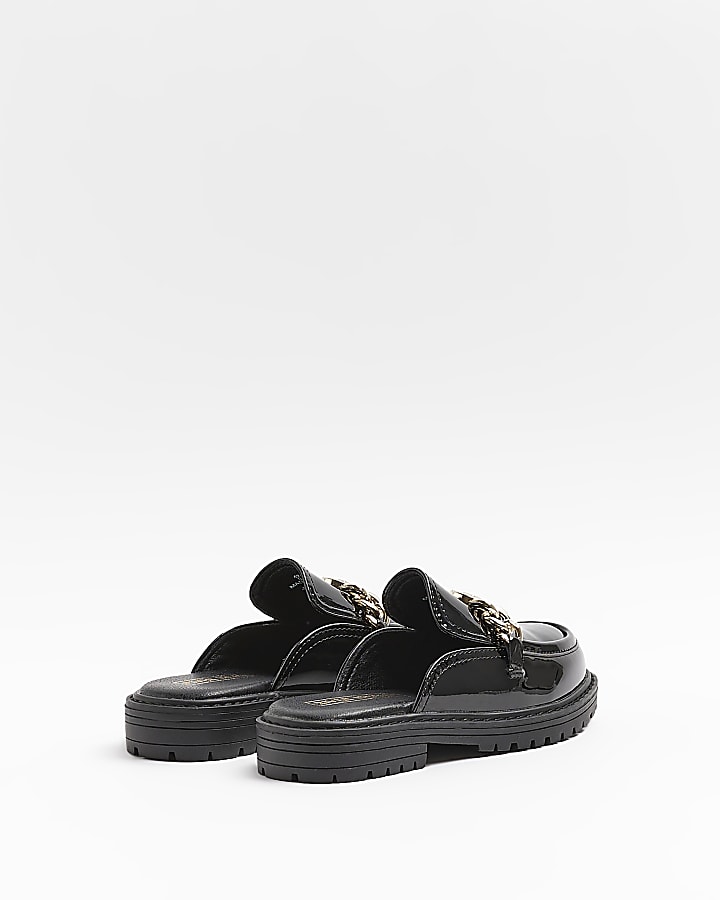 Girls Black Patent Backless Chunky Loafers