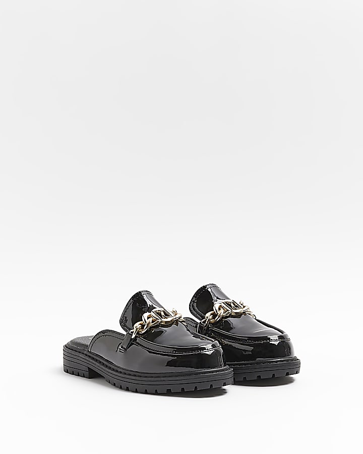 Girls Black Patent Backless Chunky Loafers