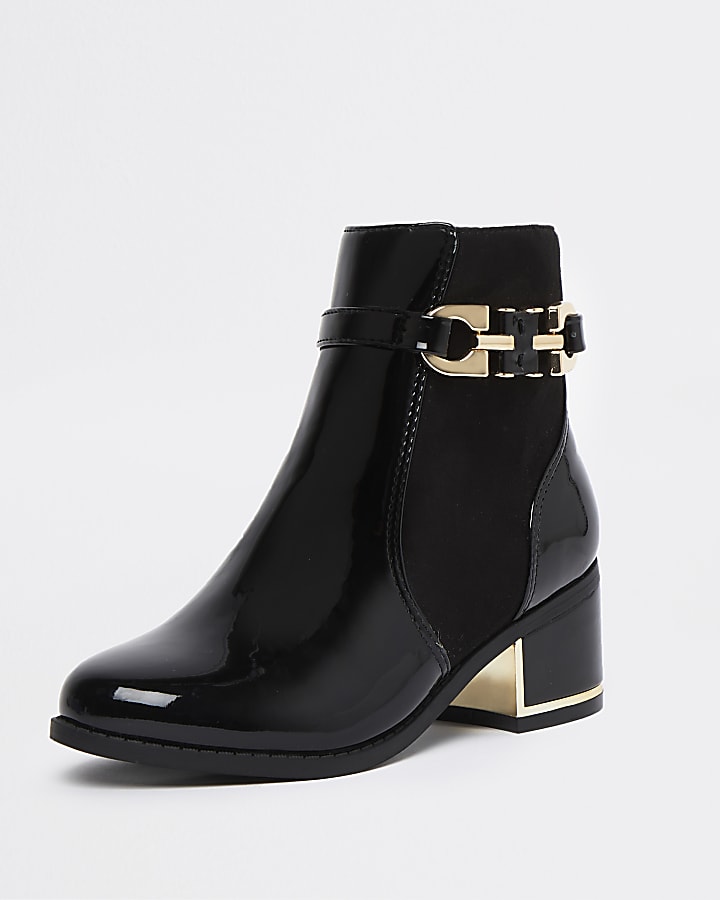 Girls black patent buckle ankle boots