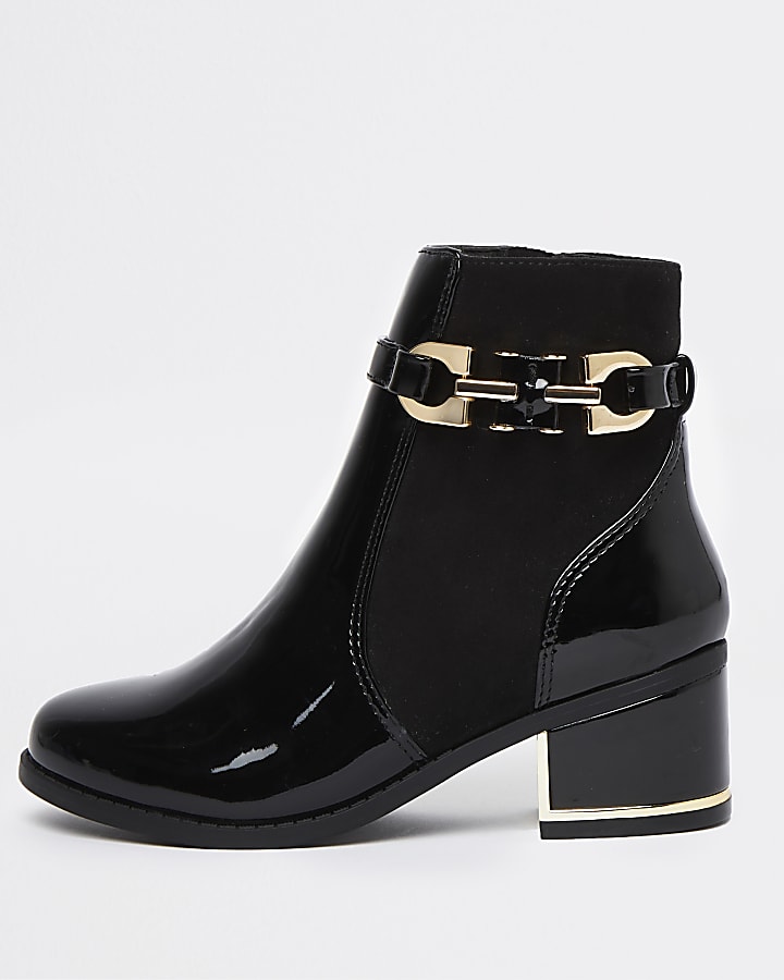 Girls black patent buckle ankle boots