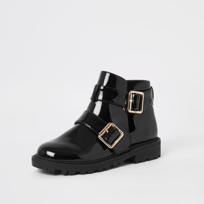river island black patent glitter chunky ankle boots