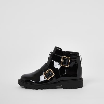 Girls black patent buckle chunky ankle 