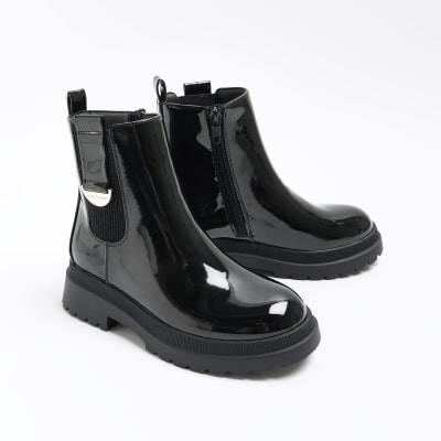 Girls black patent chelsea boots River Island
