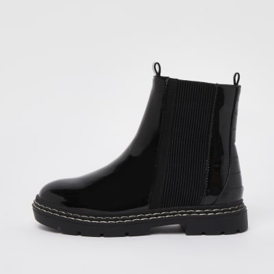 Girls black patent chelsea boots | River Island