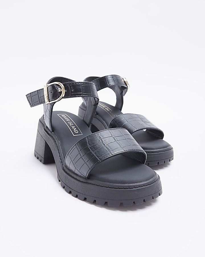 Girls black patent chunky heeled sandals