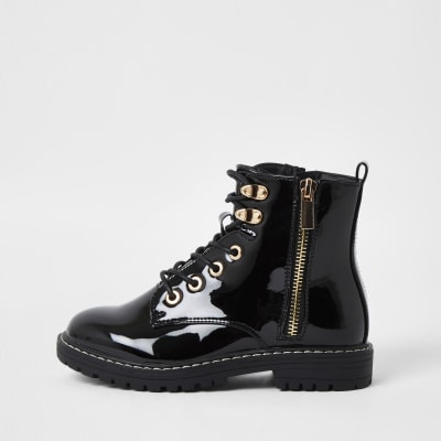 Girls black patent chunky lace up ankle boots | River Island