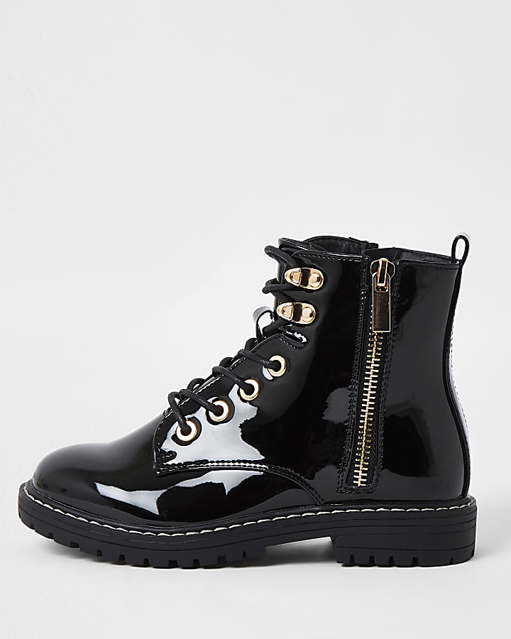 Girls black patent chunky lace up ankle boots