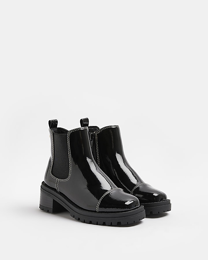 Girls Black Patent Cleated Heeled Boots