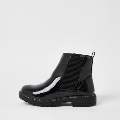 Girls black patent clumpy chelsea ankle 