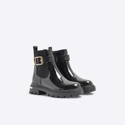 Girls Black Patent Croc Buckle Chelsea Boots River Island