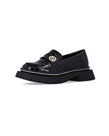 360 degree animation of product Girls Black Patent Croc Embossed Loafers frame-1