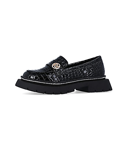 360 degree animation of product Girls Black Patent Croc Embossed Loafers frame-2