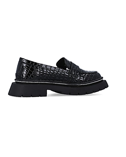 360 degree animation of product Girls Black Patent Croc Embossed Loafers frame-14