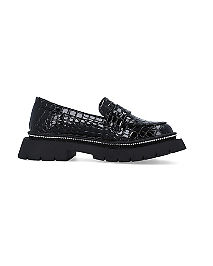 360 degree animation of product Girls Black Patent Croc Embossed Loafers frame-16