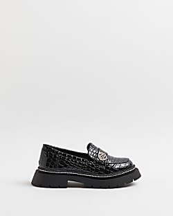 Girls Black Patent Croc Embossed Loafers
