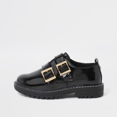 Girls black patent double buckle shoes | River Island