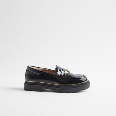 Girls Black Patent Flower Chain Loafers