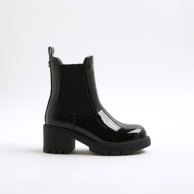 Girls Black Patent Heart Heeled Chelsea Boots