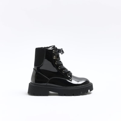 Girls black patent hiker chunky boots | River Island