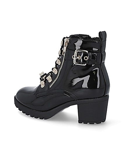 360 degree animation of product Girls black patent hiker heeled boots frame-5