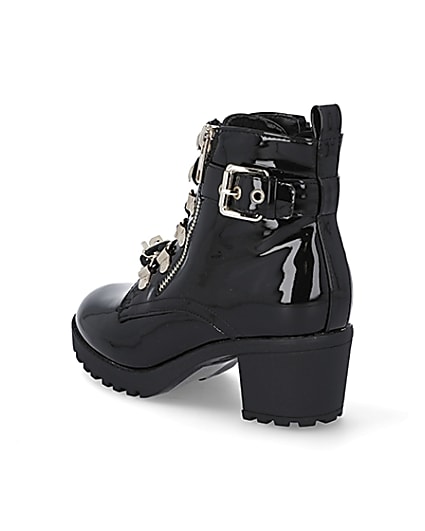 360 degree animation of product Girls black patent hiker heeled boots frame-6