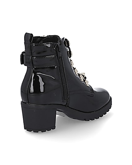 360 degree animation of product Girls black patent hiker heeled boots frame-12