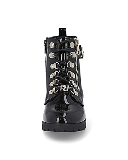 360 degree animation of product Girls black patent hiker heeled boots frame-21