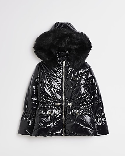 Girls black patent hooded puffer coat