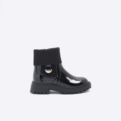 Girls Black Patent Knit Chelsea Boots River Island
