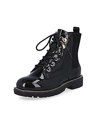 360 degree animation of product Girls black patent lace up boots frame-0