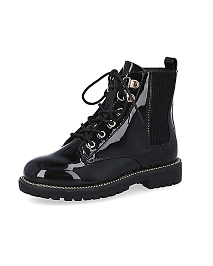 360 degree animation of product Girls black patent lace up boots frame-1