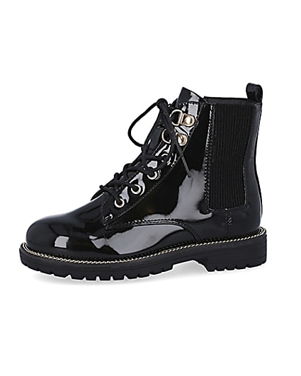 360 degree animation of product Girls black patent lace up boots frame-2