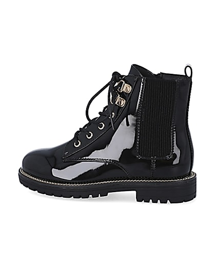 360 degree animation of product Girls black patent lace up boots frame-4
