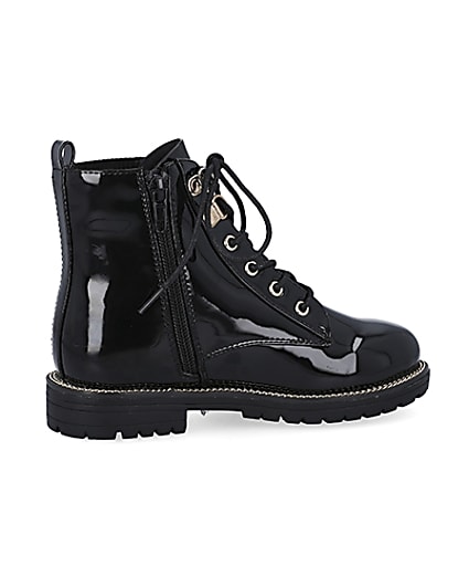 360 degree animation of product Girls black patent lace up boots frame-14