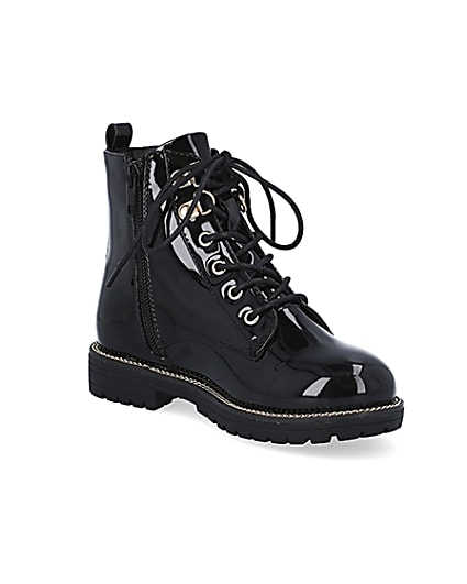360 degree animation of product Girls black patent lace up boots frame-18