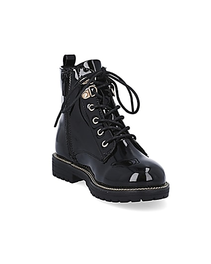360 degree animation of product Girls black patent lace up boots frame-19