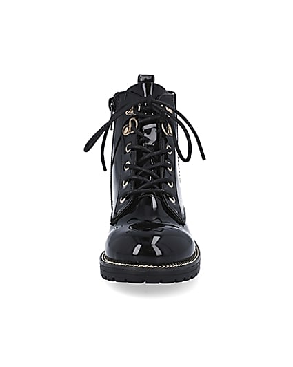 360 degree animation of product Girls black patent lace up boots frame-21