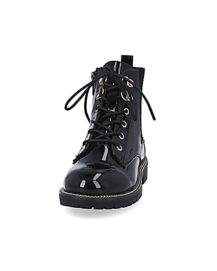 360 degree animation of product Girls black patent lace up boots frame-22