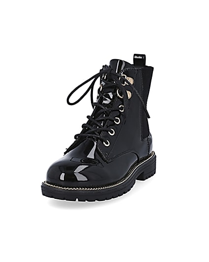 360 degree animation of product Girls black patent lace up boots frame-23