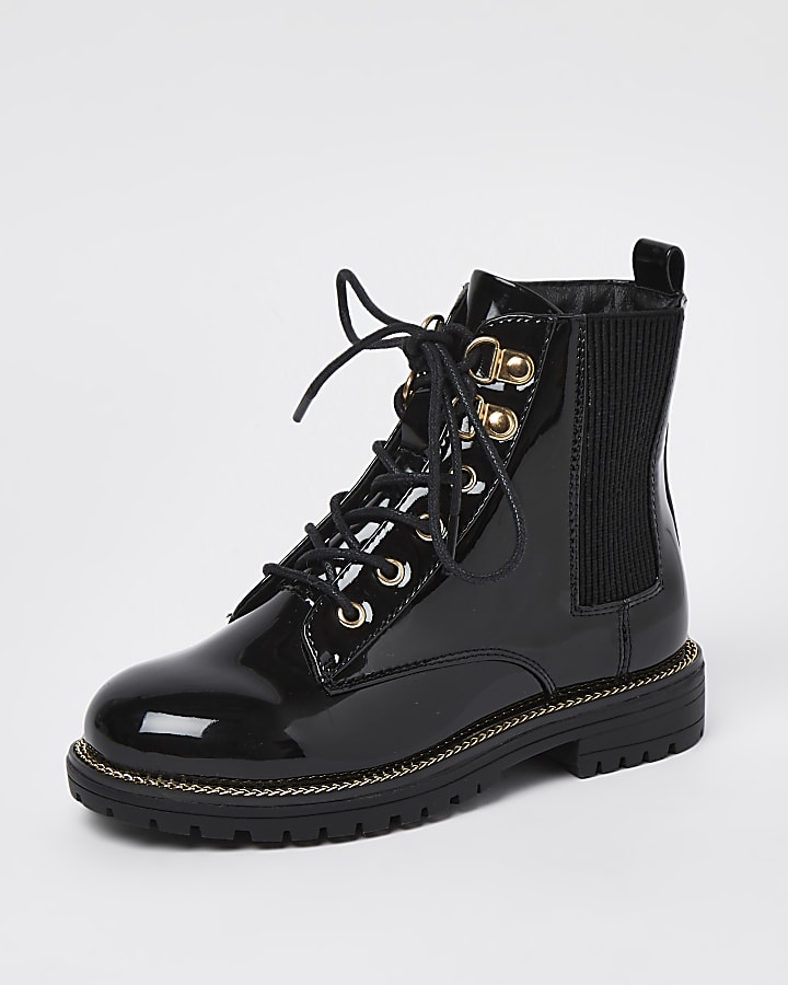 Girls black patent lace up boots
