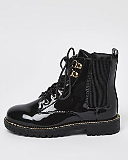 Girls black patent lace up boots