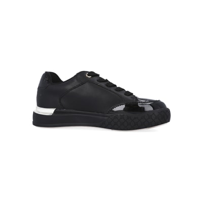 360 degree animation of product Girls black patent lace up plimsolls frame-16